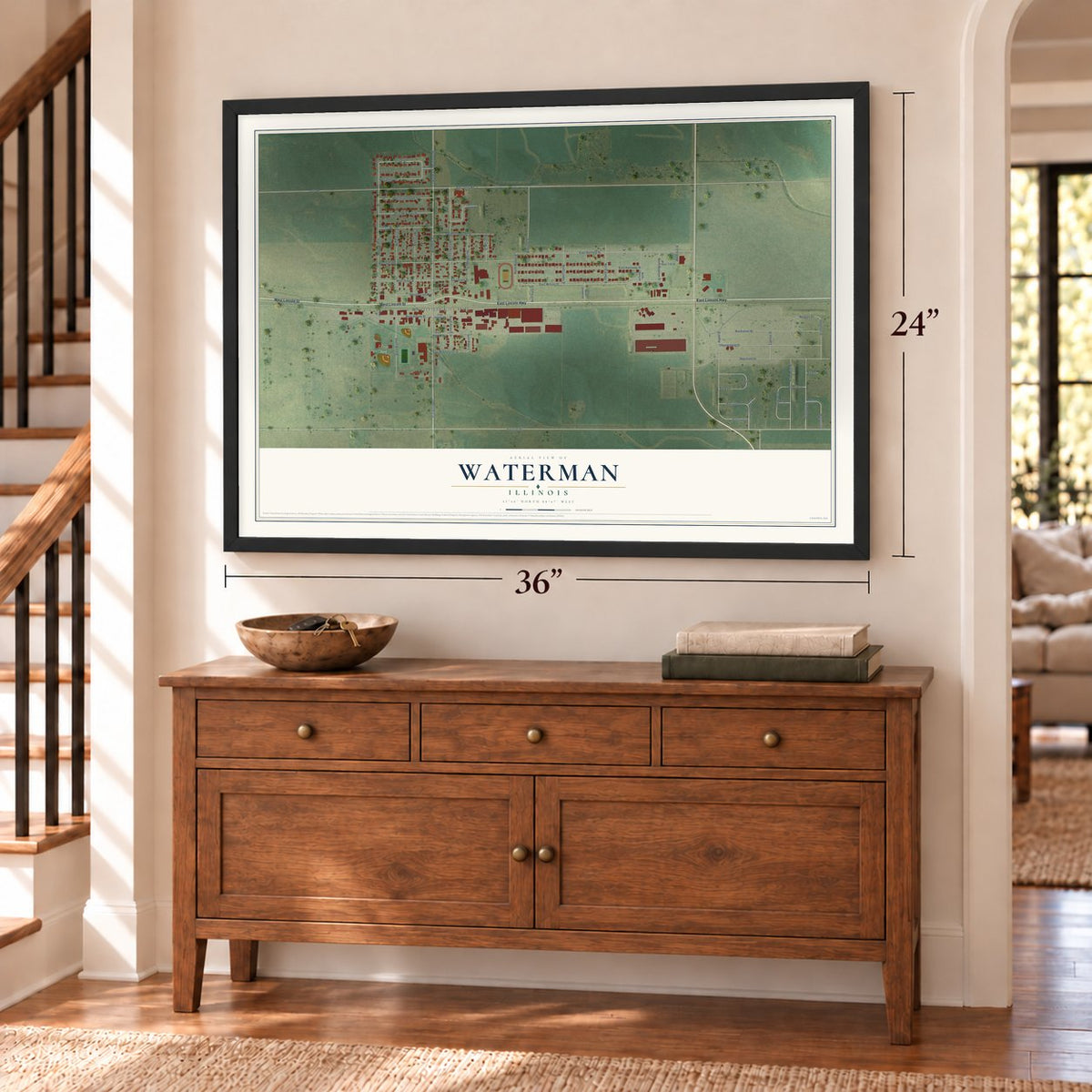 Waterman, Illinois map, 24 x 36 inch print in a black frame above a dresser by a staircase