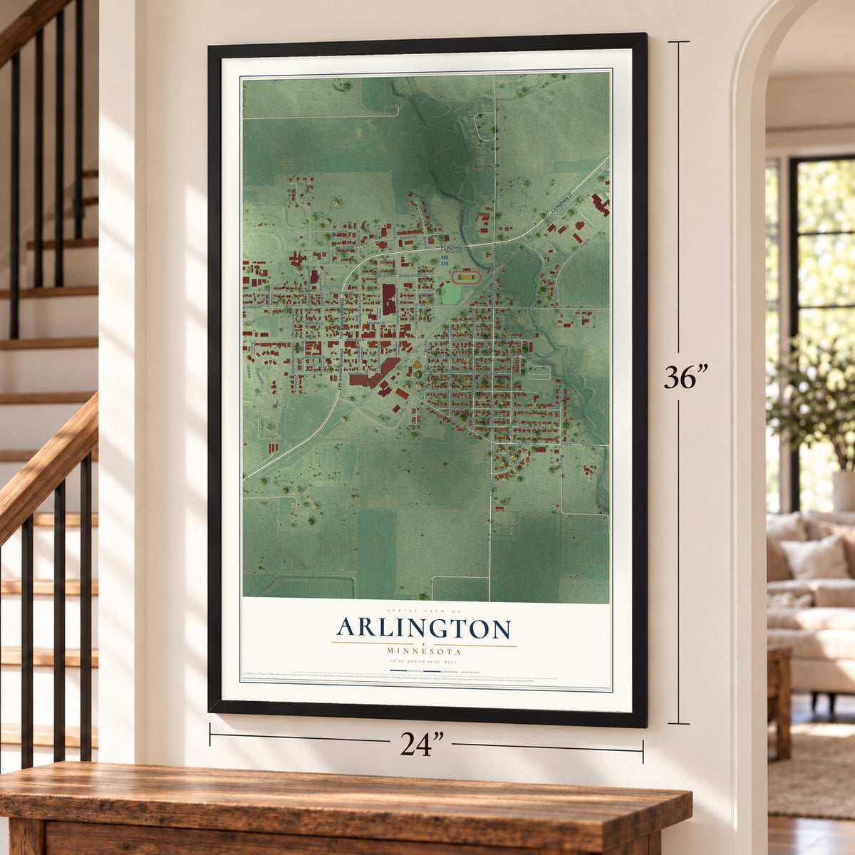 Arlington, Minnesota map, 24 x 36 inch print in a black frame by a staircase