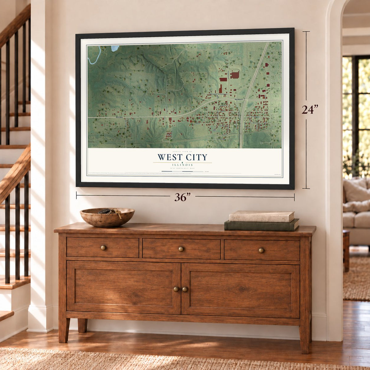 West City, Illinois map, 24 x 36 inch print in a black frame above a dresser by a staircase