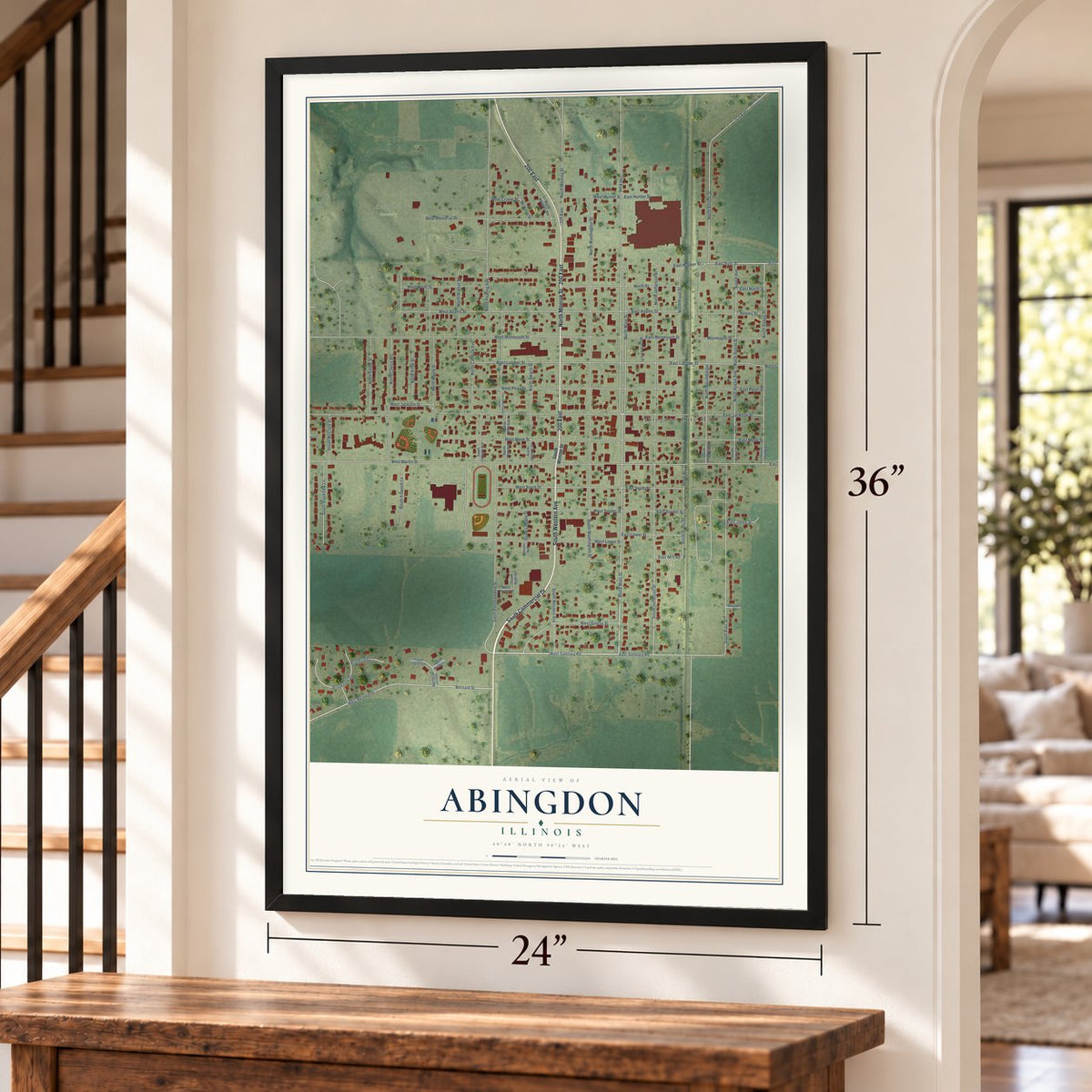 Abingdon, Illinois map, 24 x 36 inch print in a black frame by a staircase