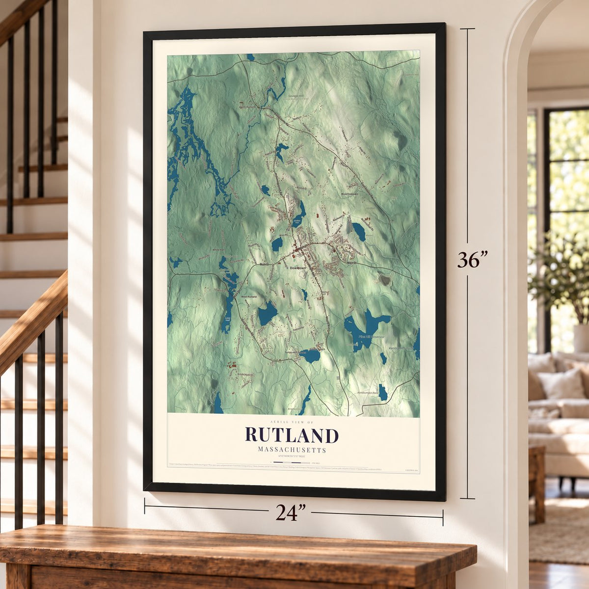 Rutland, Massachusetts map, 24 x 36 inch print in a black frame by a staircase