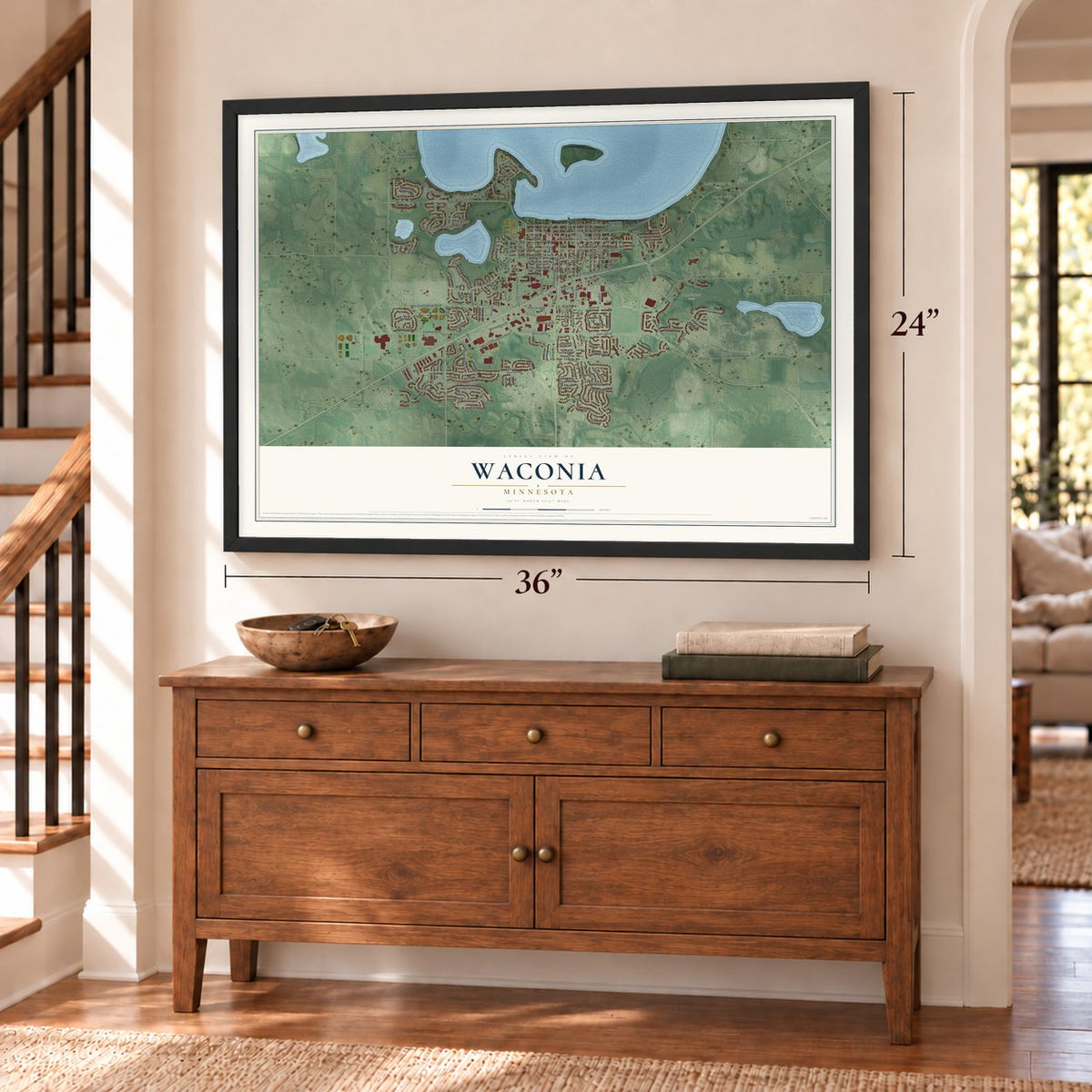 Waconia, Minnesota map, 24 x 36 inch print in a black frame above a dresser by a staircase