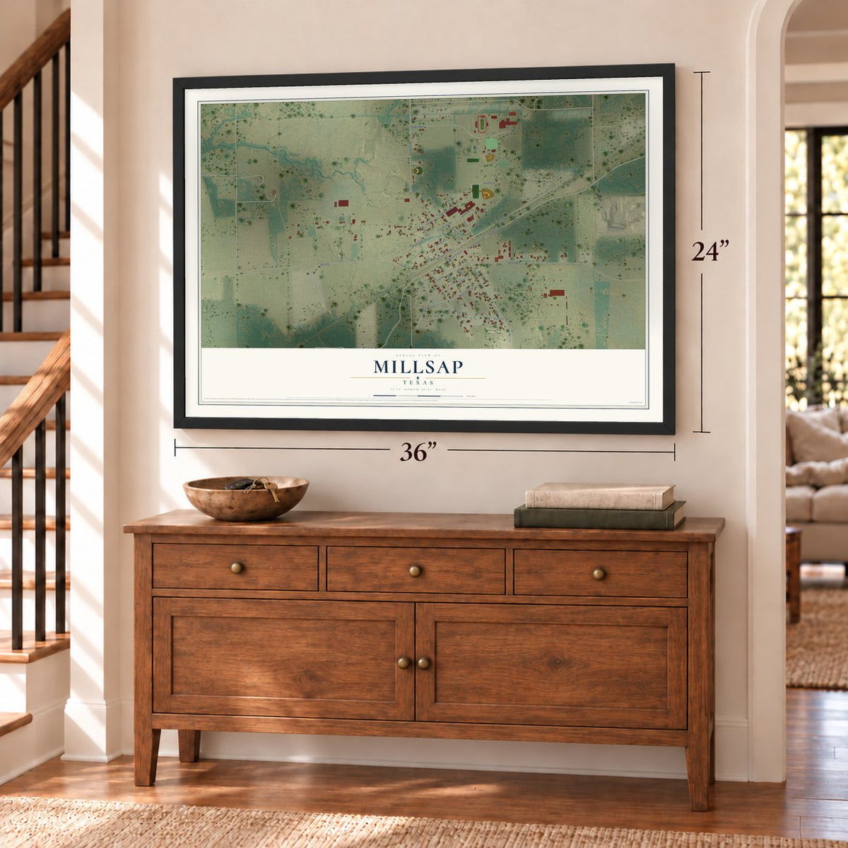 Millsap, Texas map, 24 x 36 inch print in a black frame above a dresser by a staircase