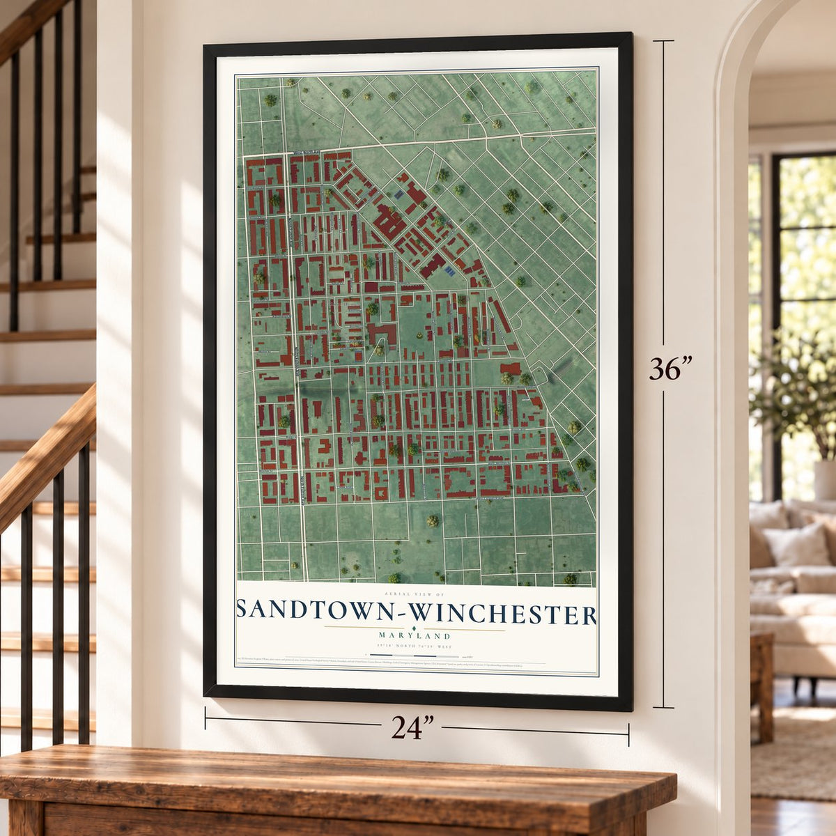 Sandtown-Winchester, Maryland map, 24 x 36 inch print in a black frame by a staircase
