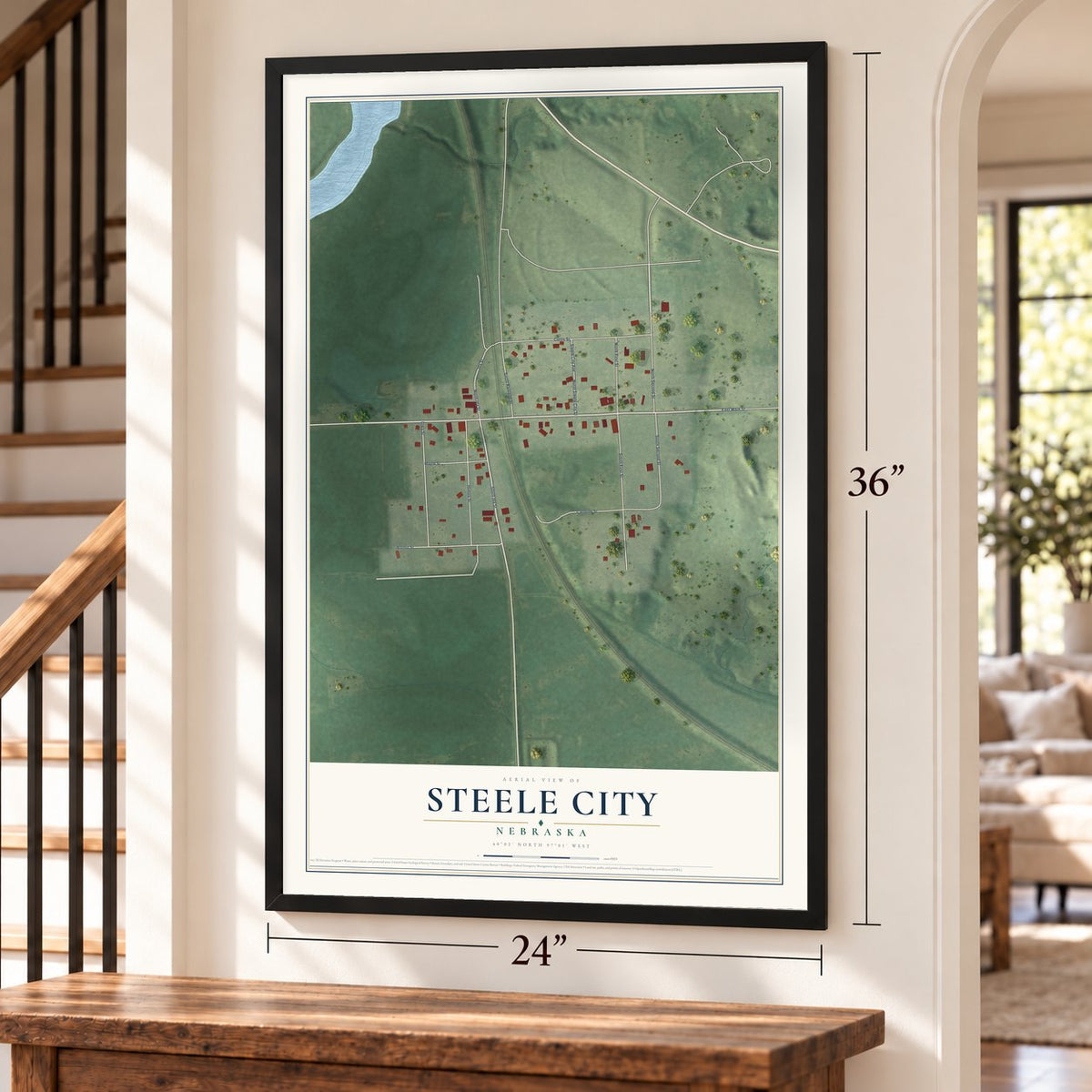 Steele City, Nebraska map, 24 x 36 inch print in a black frame by a staircase
