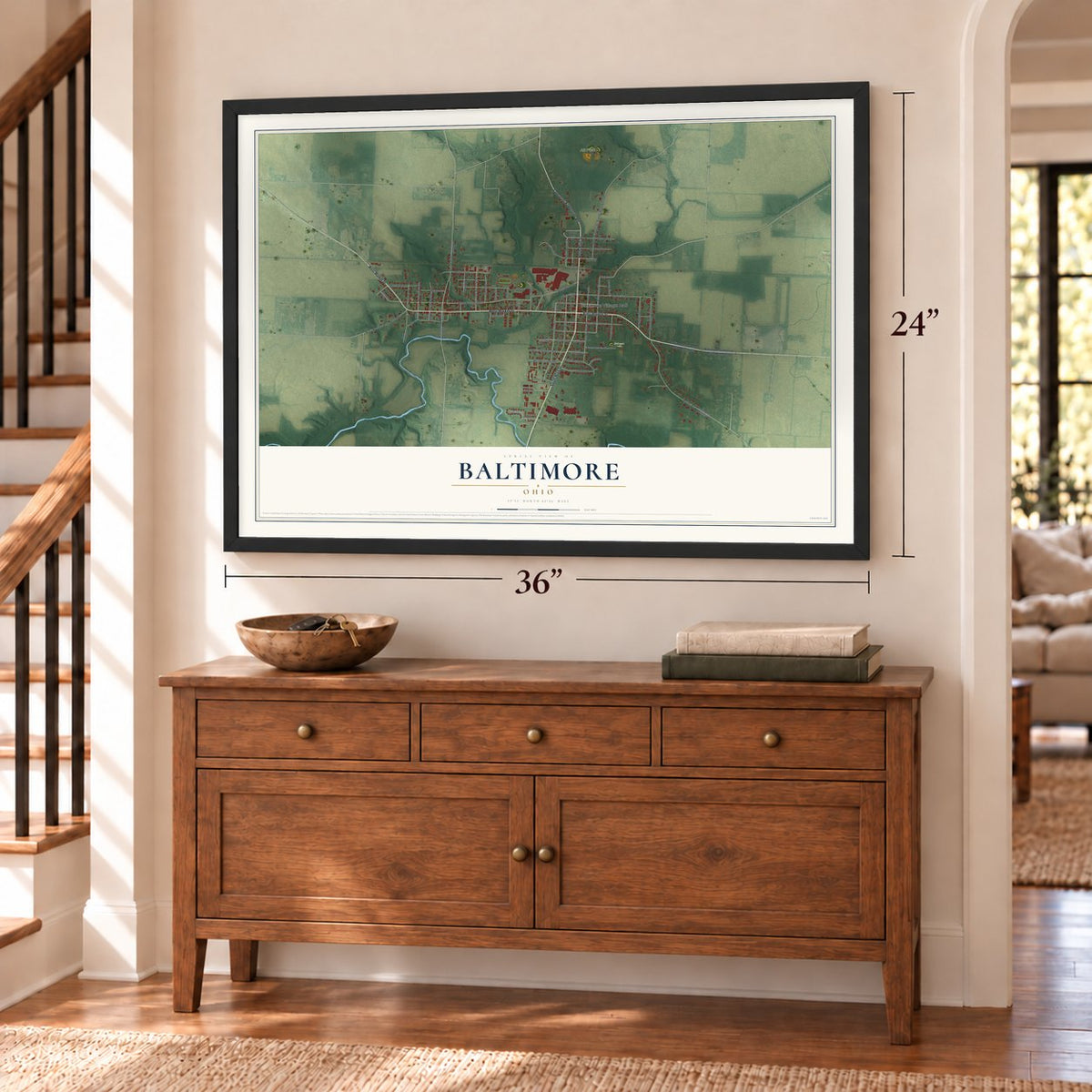 Baltimore, Ohio map, 24 x 36 inch print in a black frame above a dresser by a staircase