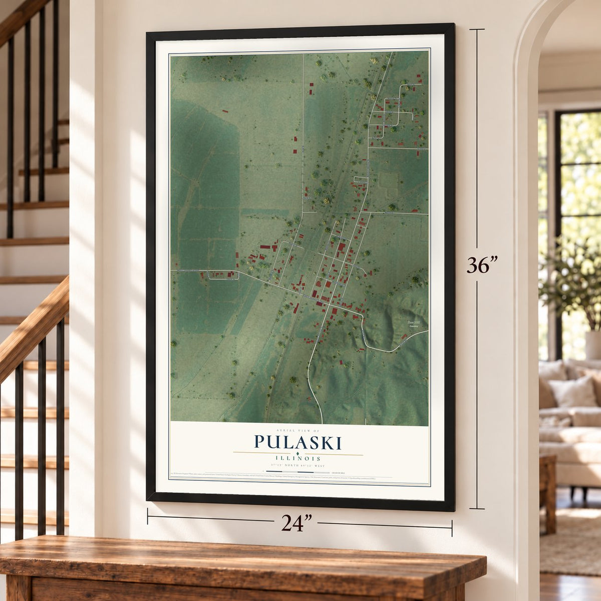 Pulaski, Illinois map, 24 x 36 inch print in a black frame by a staircase