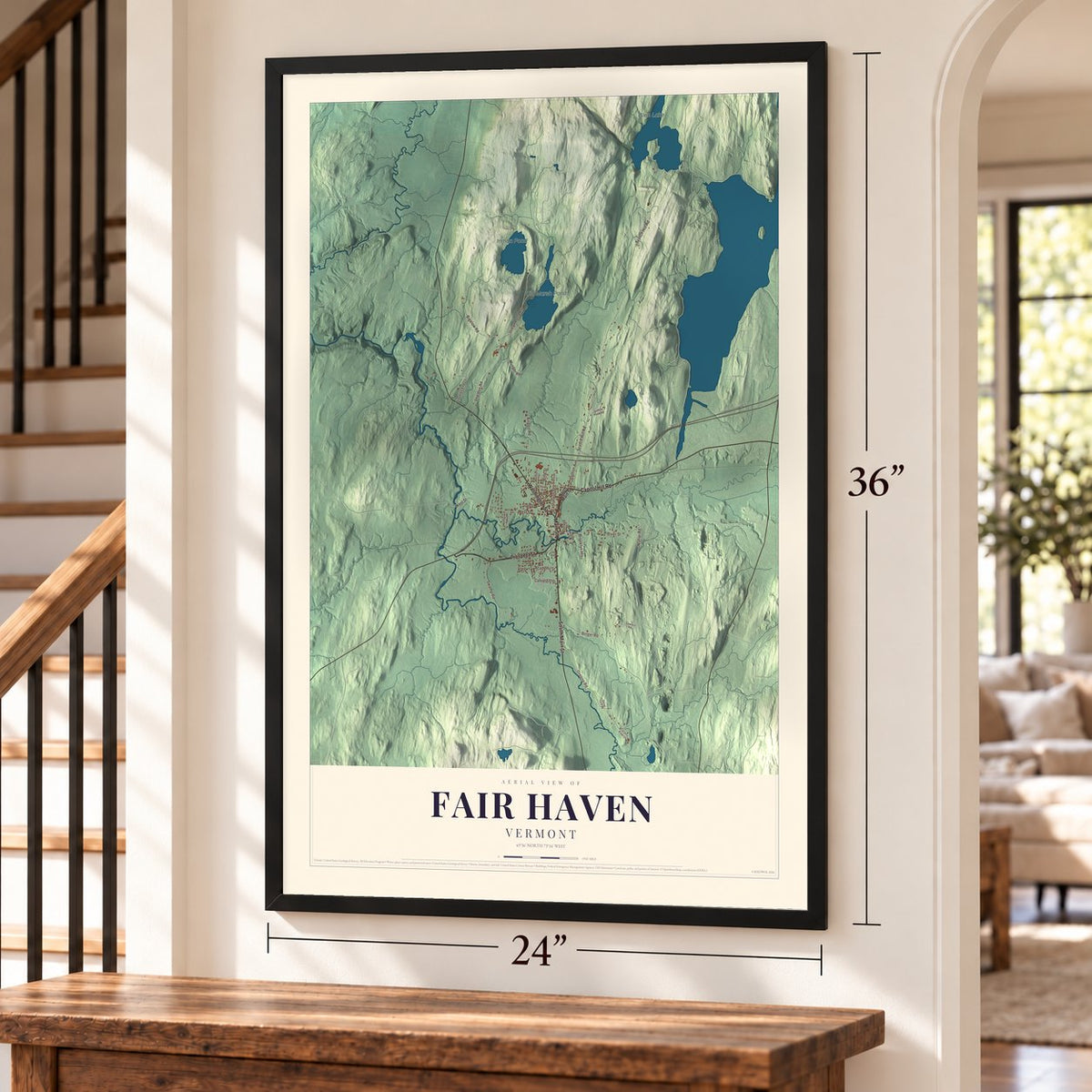 Fair Haven, Vermont map, 24 x 36 inch print in a black frame by a staircase