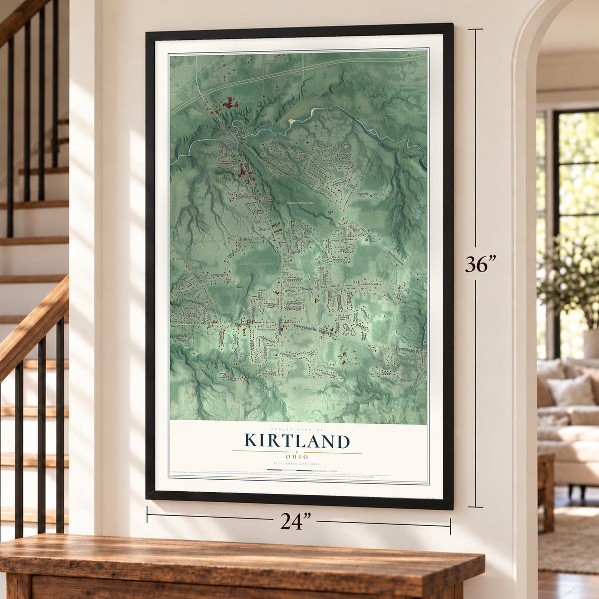 Kirtland, Ohio map, 24 x 36 inch print in a black frame by a staircase