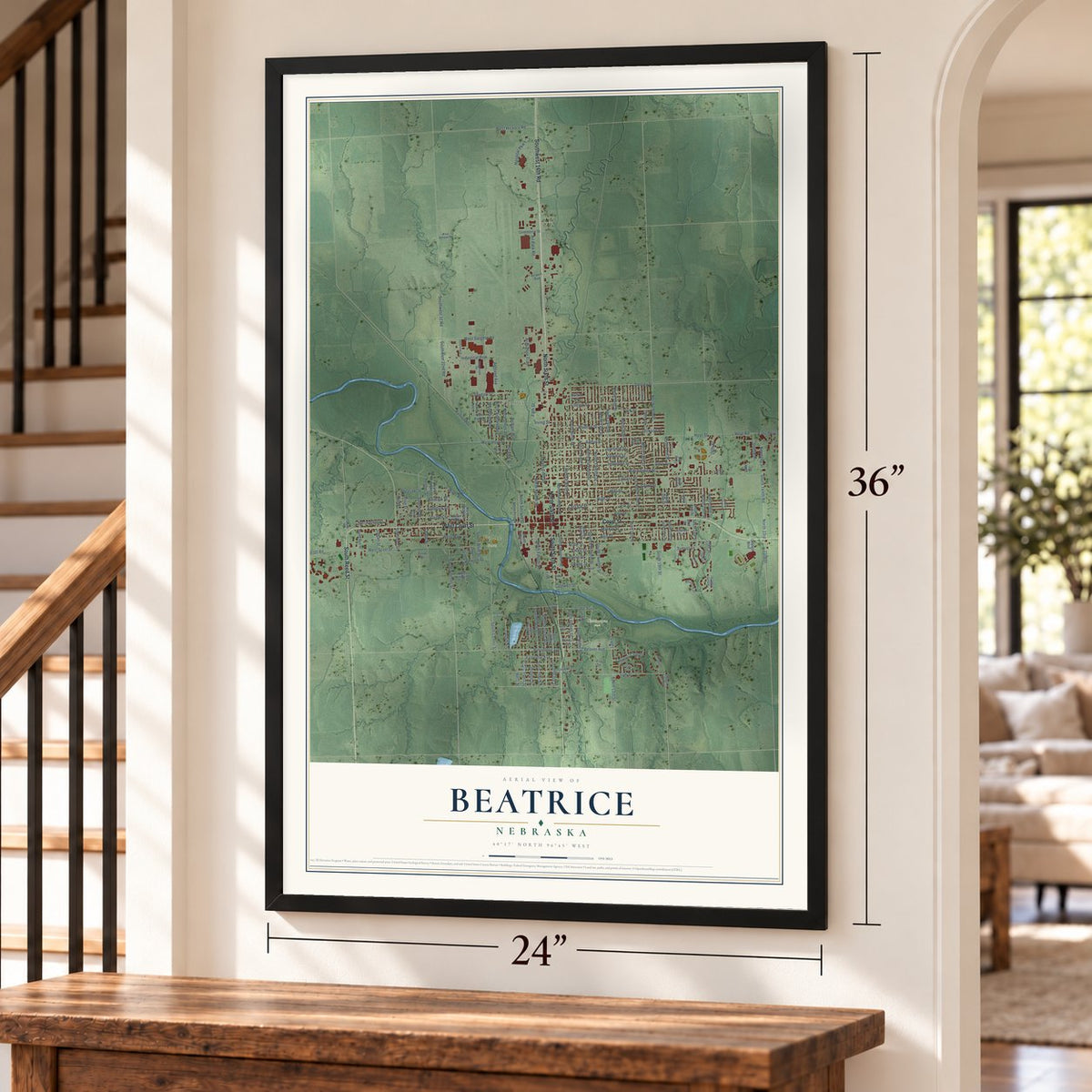 Beatrice, Nebraska map, 24 x 36 inch print in a black frame by a staircase