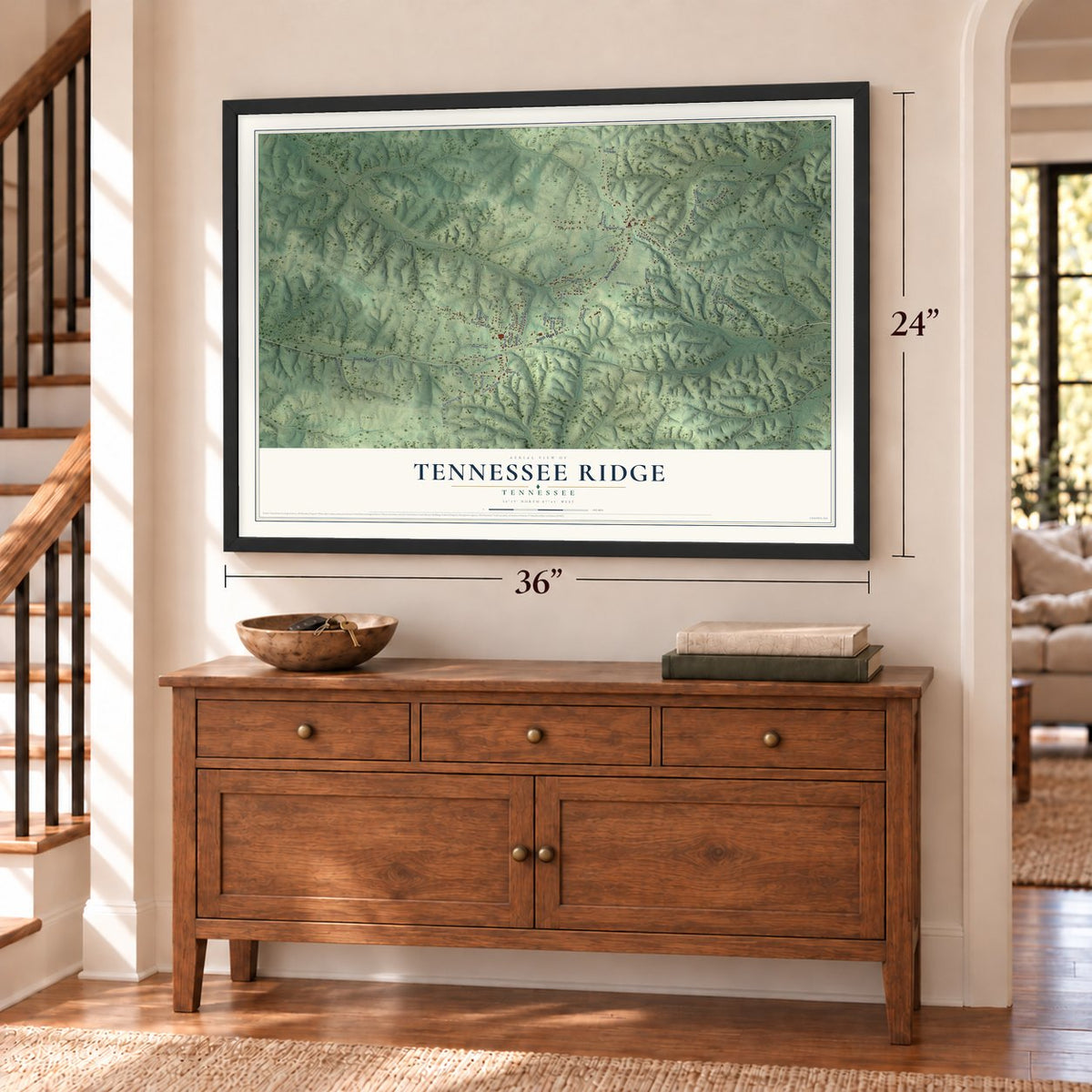 Tennessee Ridge, Tennessee map, 24 x 36 inch print in a black frame above a dresser by a staircase