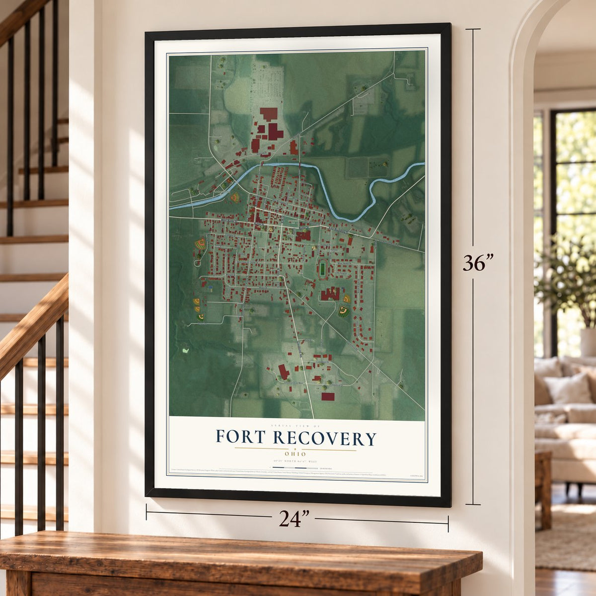 Fort Recovery, Ohio map, 24 x 36 inch print in a black frame by a staircase