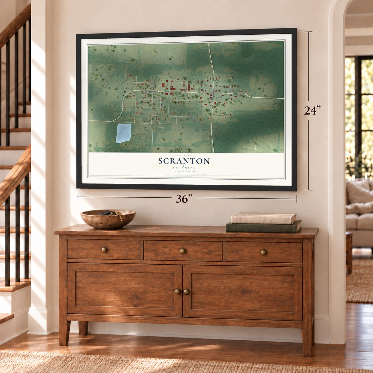 Scranton, Arkansas map, 24 x 36 inch print in a black frame above a dresser by a staircase