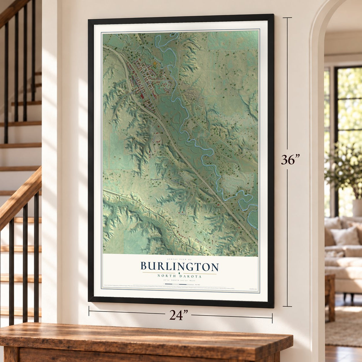 Burlington, North Dakota map, 24 x 36 inch print in a black frame by a staircase