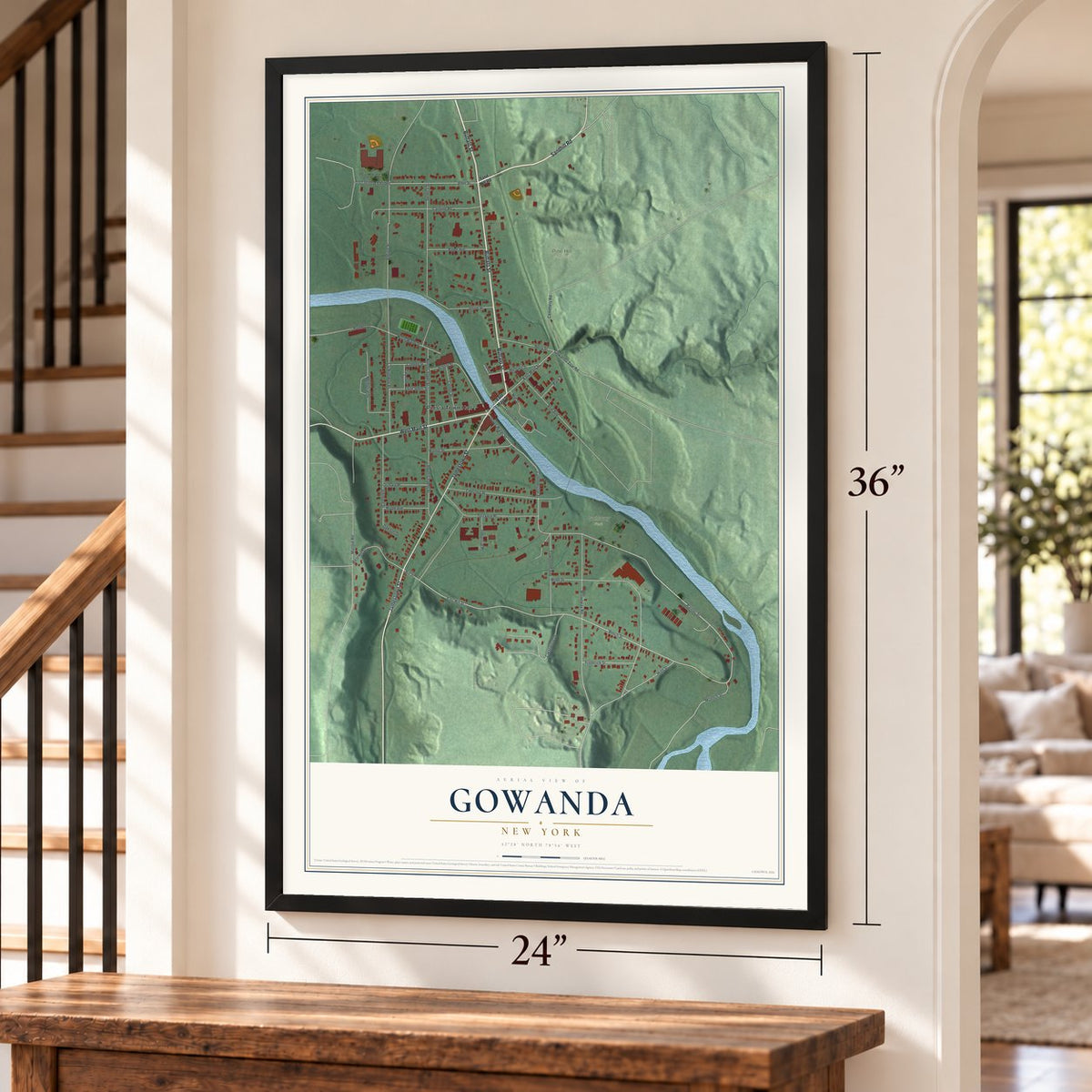 Gowanda, New York map, 24 x 36 inch print in a black frame by a staircase
