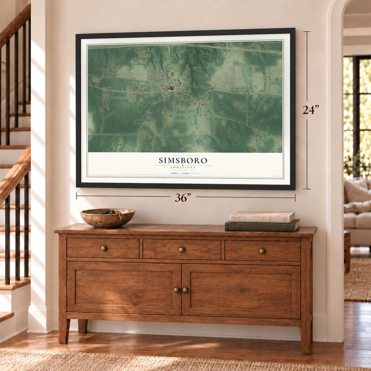 Simsboro, Louisiana map, 24 x 36 inch print in a black frame above a dresser by a staircase