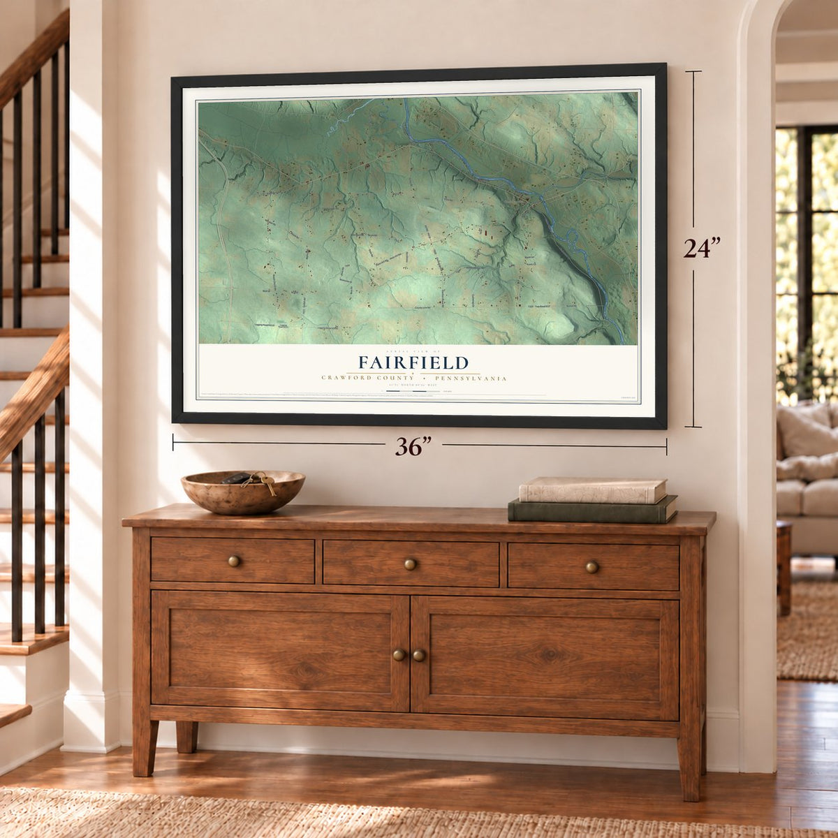 Fairfield, Crawford County, Pennsylvania map, 24 x 36 inch print in a black frame above a dresser by a staircase