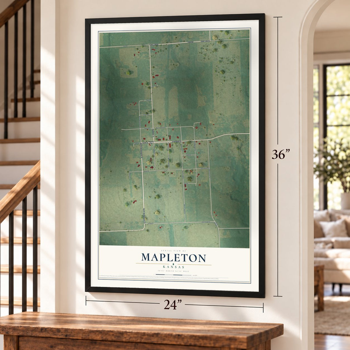 Mapleton, Kansas map, 24 x 36 inch print in a black frame by a staircase