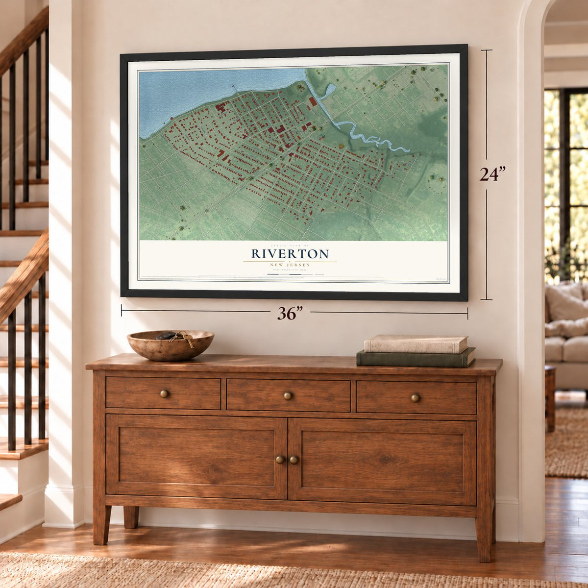 Riverton, New Jersey map, 24 x 36 inch print in a black frame above a dresser by a staircase