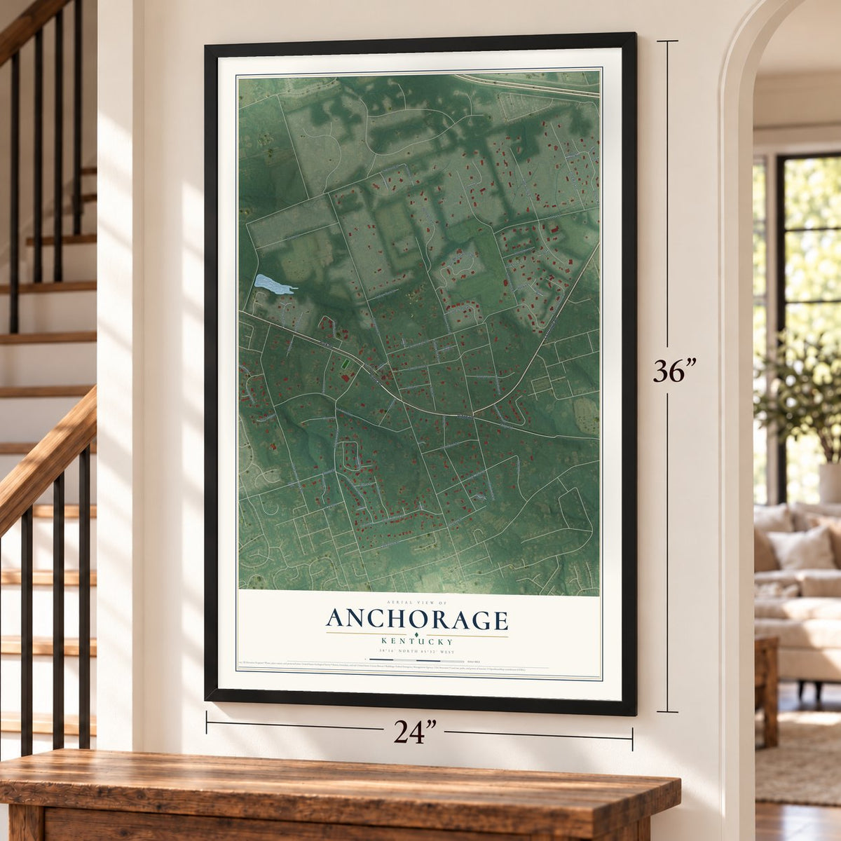 Anchorage, Kentucky map, 24 x 36 inch print in a black frame by a staircase