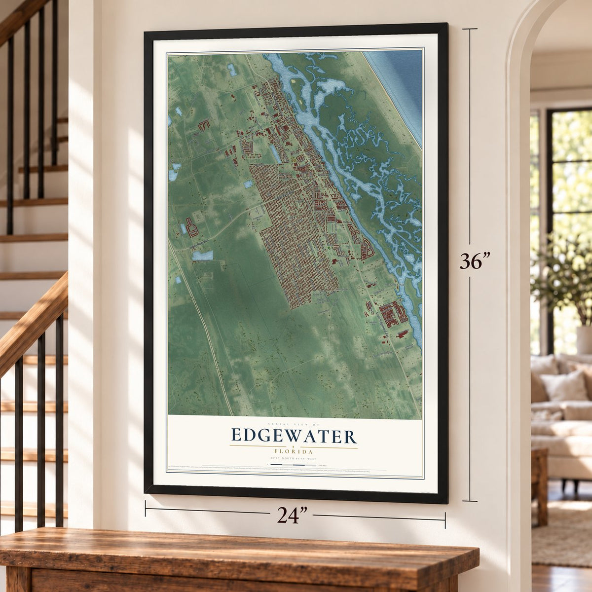 Edgewater, Florida map, 24 x 36 inch print in a black frame by a staircase
