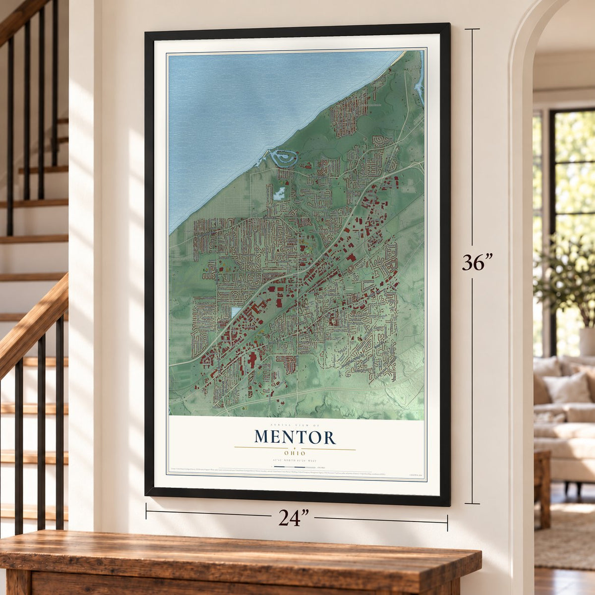 Mentor, Ohio map, 24 x 36 inch print in a black frame by a staircase