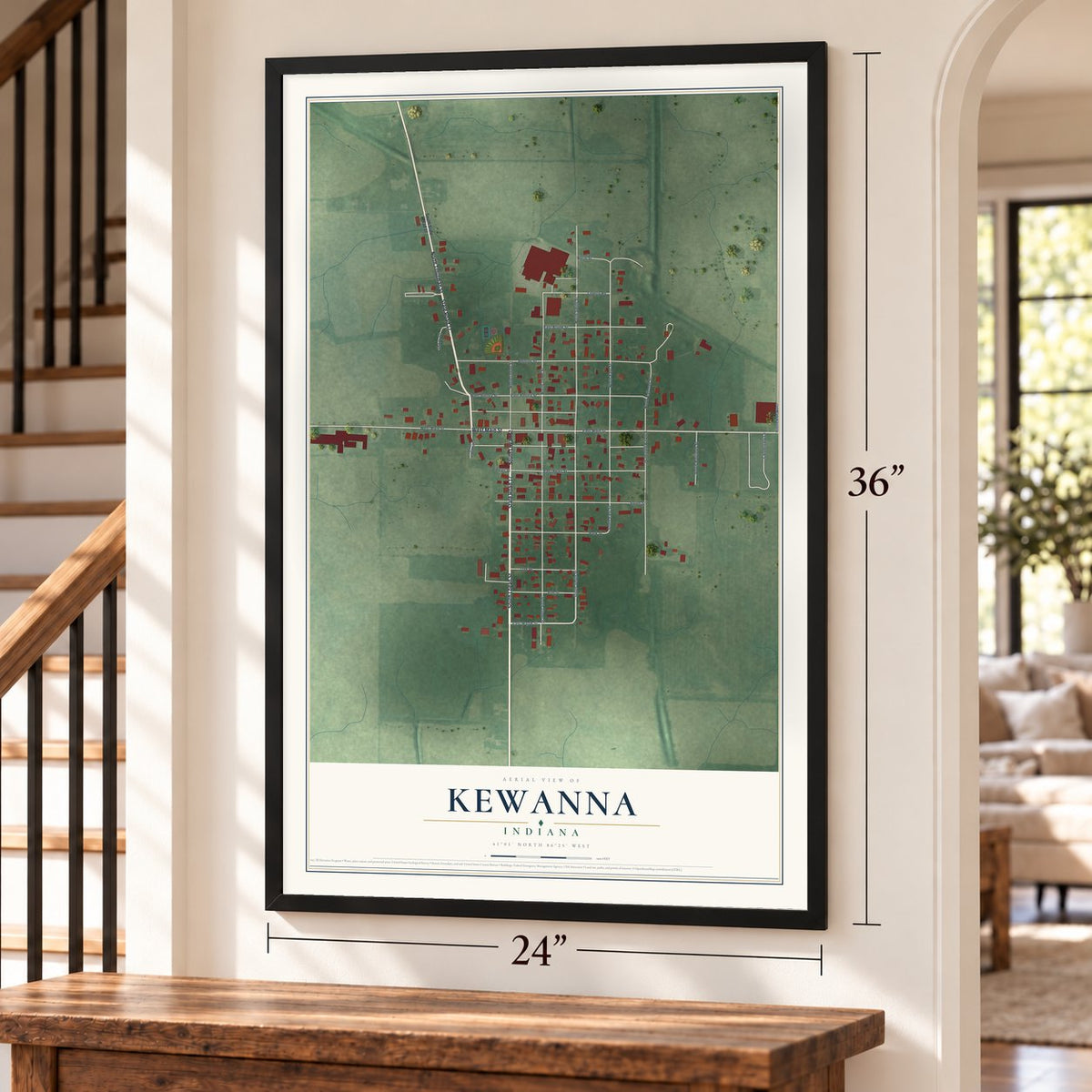 Kewanna, Indiana map, 24 x 36 inch print in a black frame by a staircase
