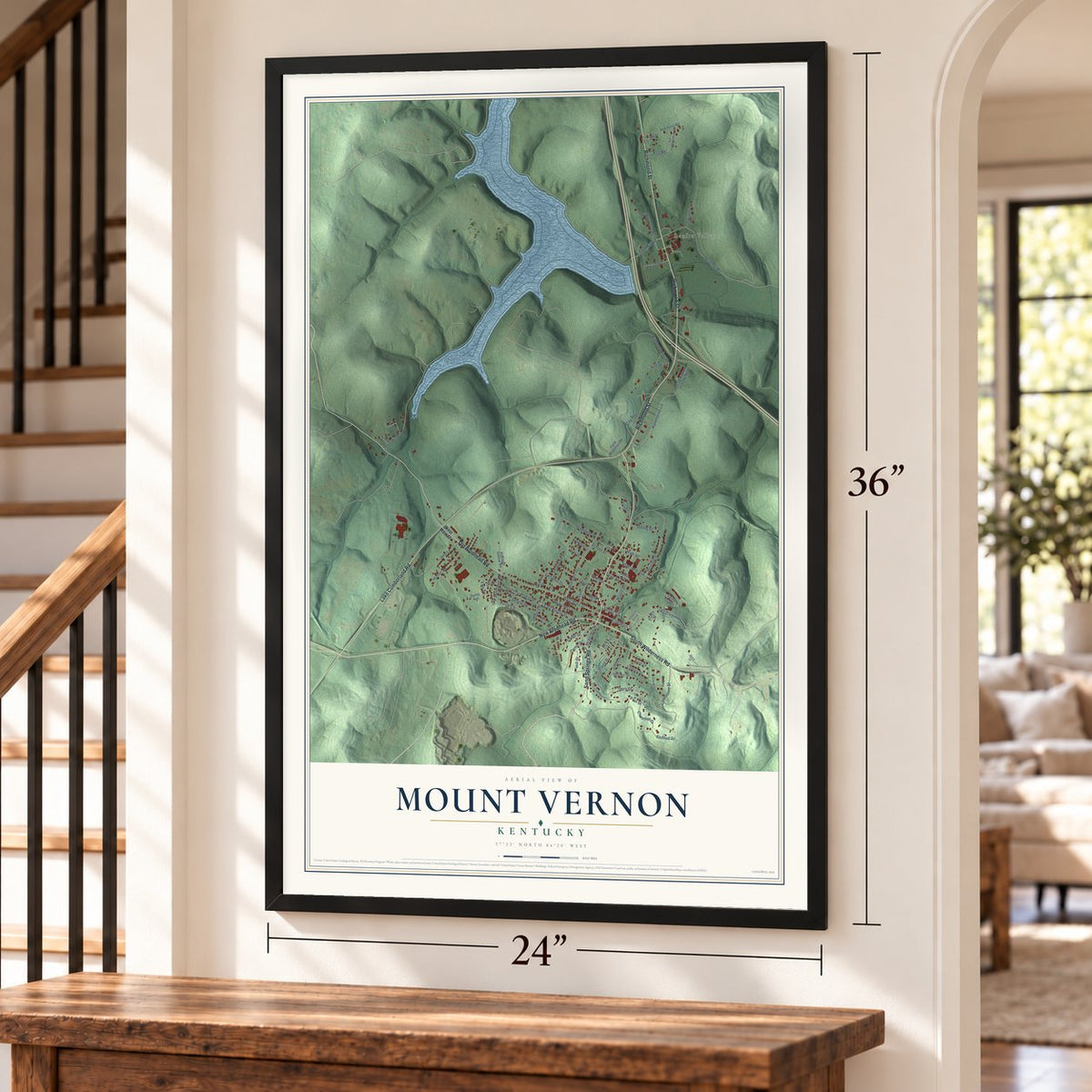 Mount Vernon, Kentucky map, 24 x 36 inch print in a black frame by a staircase