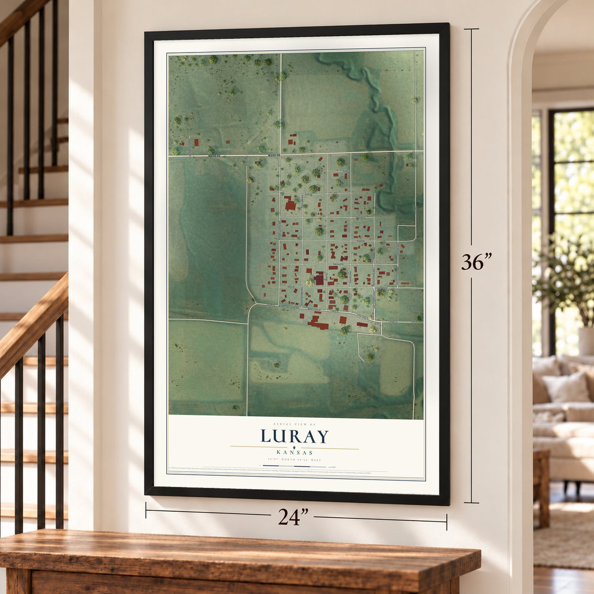 Luray, Kansas map, 24 x 36 inch print in a black frame by a staircase