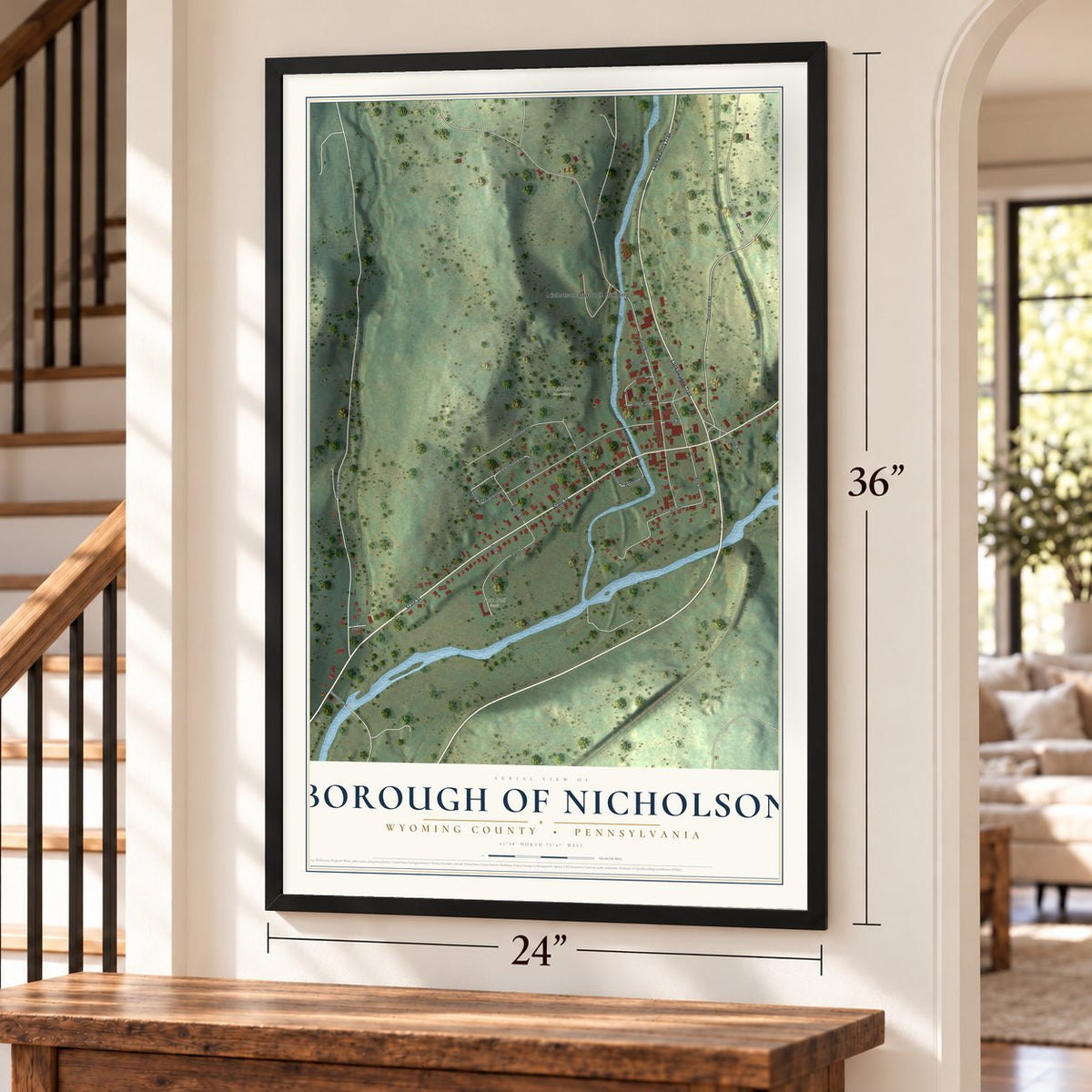 Borough of Nicholson, Wyoming County, Pennsylvania map, 24 x 36 inch print in a black frame by a staircase