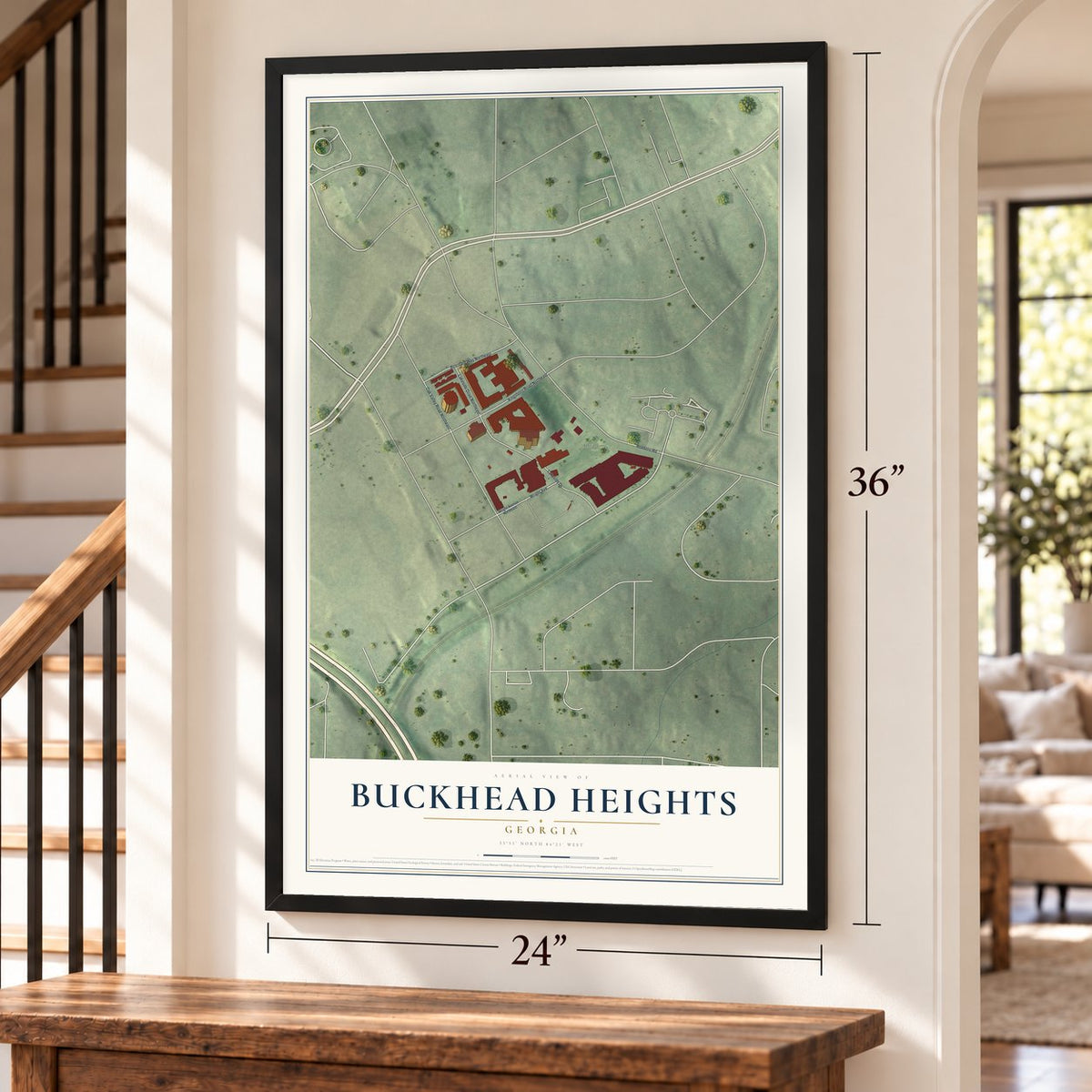 Buckhead Heights, Georgia map, 24 x 36 inch print in a black frame by a staircase