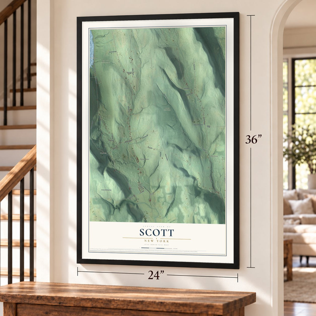 Scott, New York map, 24 x 36 inch print in a black frame by a staircase