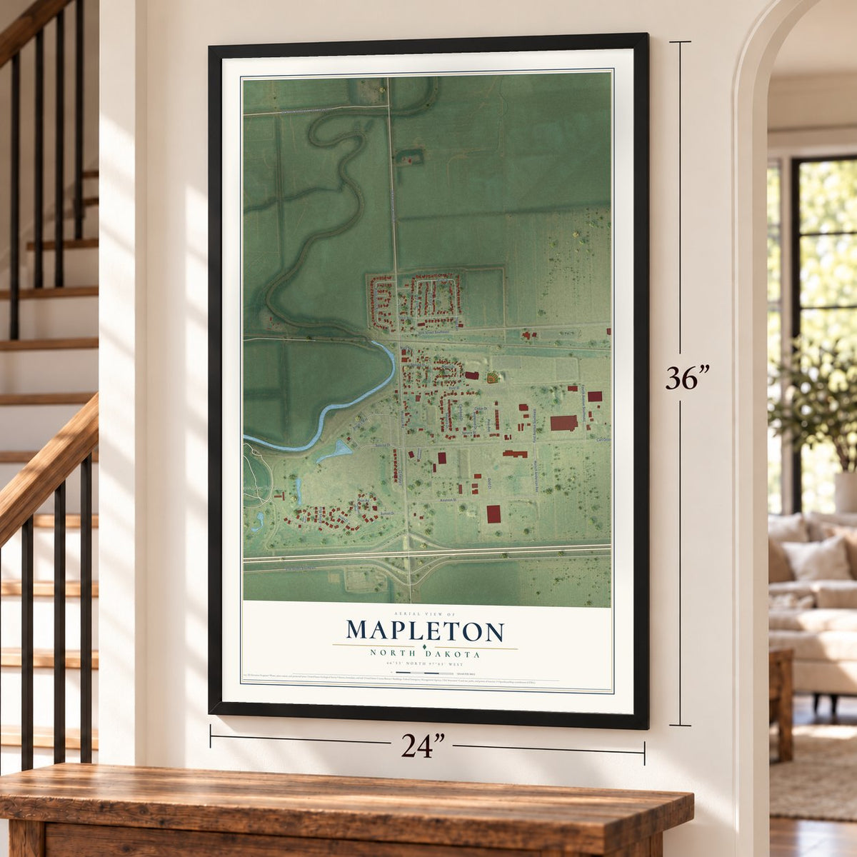 Mapleton, North Dakota map, 24 x 36 inch print in a black frame by a staircase