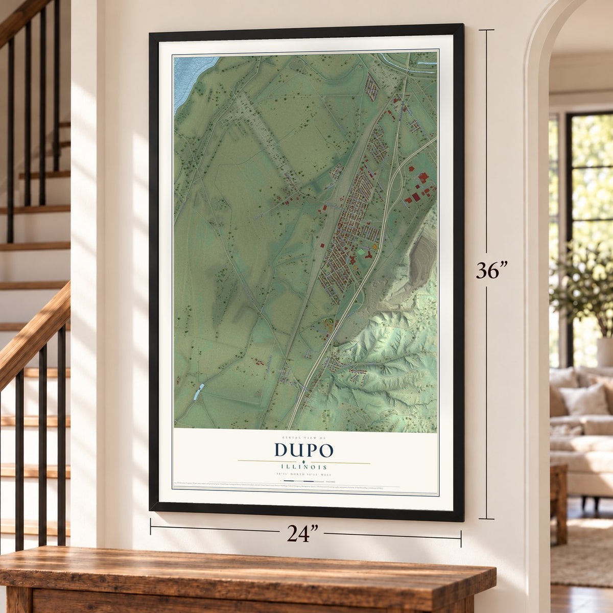 Dupo, Illinois map, 24 x 36 inch print in a black frame by a staircase