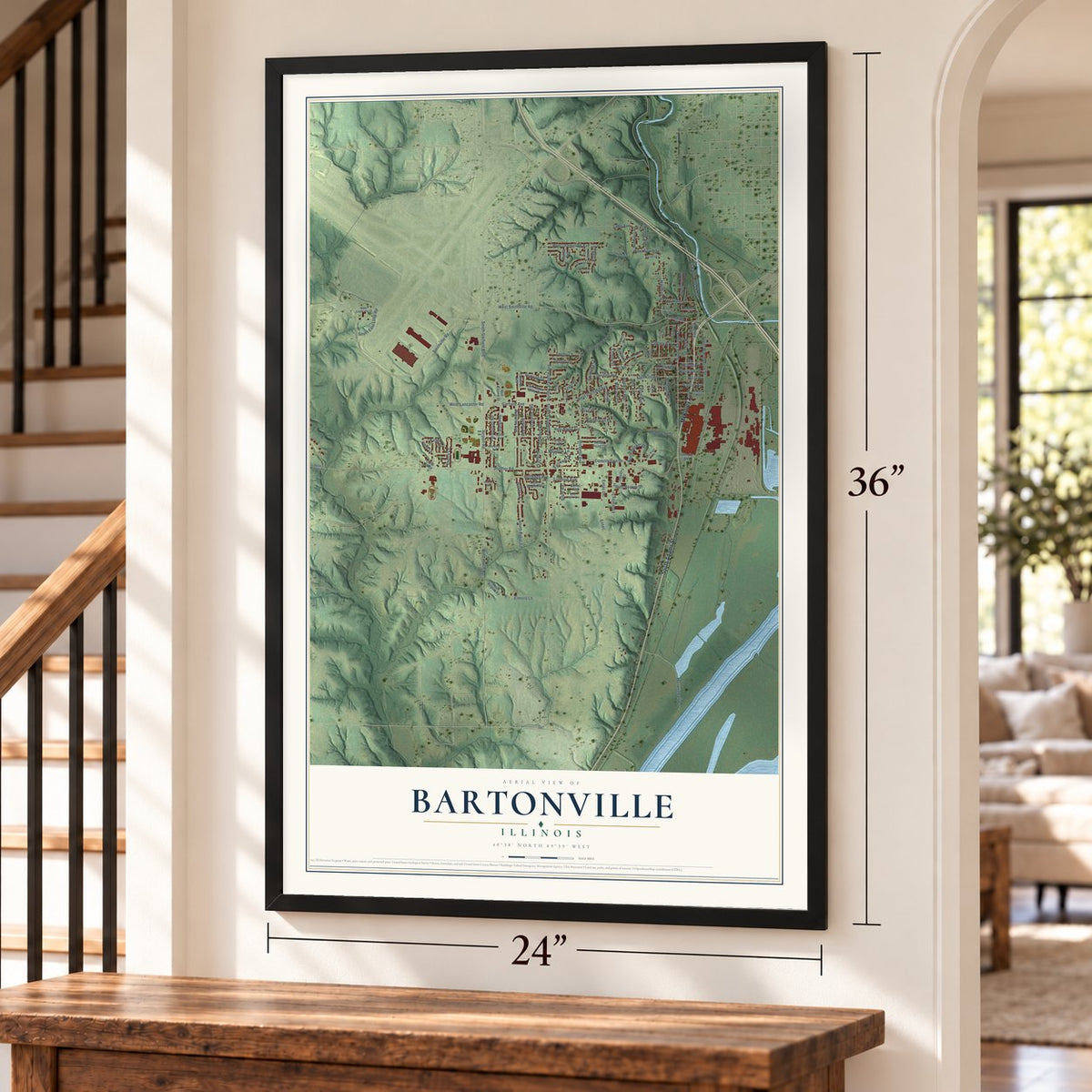 Bartonville, Illinois map, 24 x 36 inch print in a black frame by a staircase