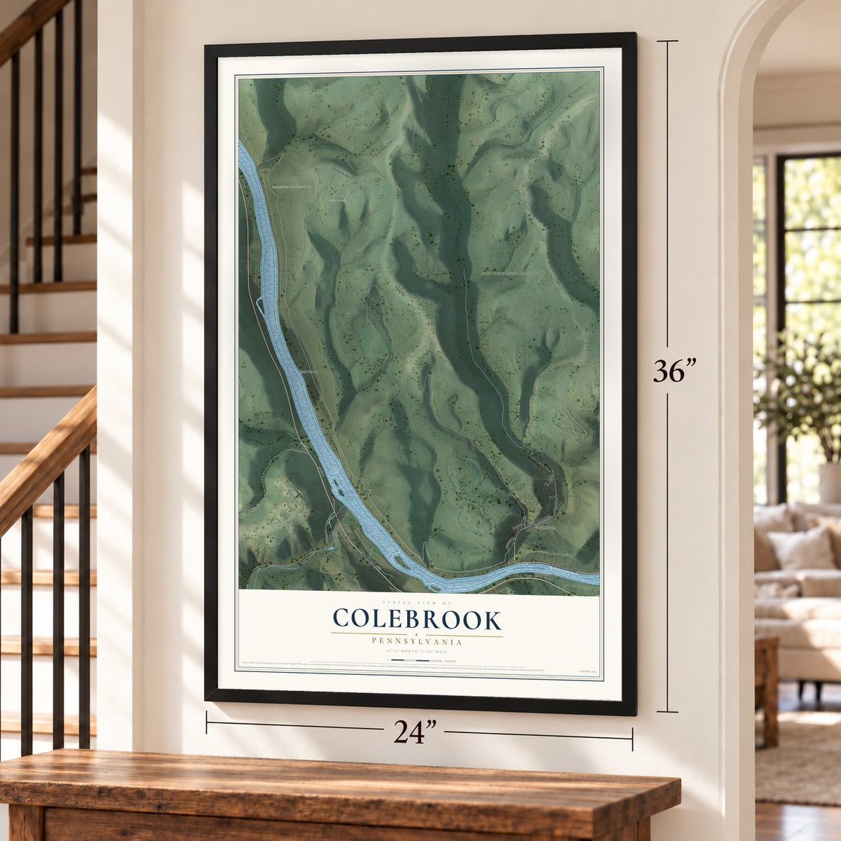 Colebrook, Pennsylvania map, 24 x 36 inch print in a black frame by a staircase