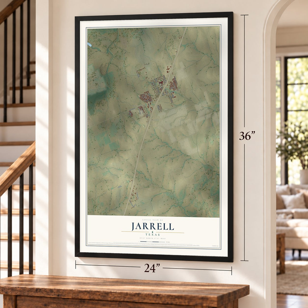 Jarrell, Texas map, 24 x 36 inch print in a black frame by a staircase