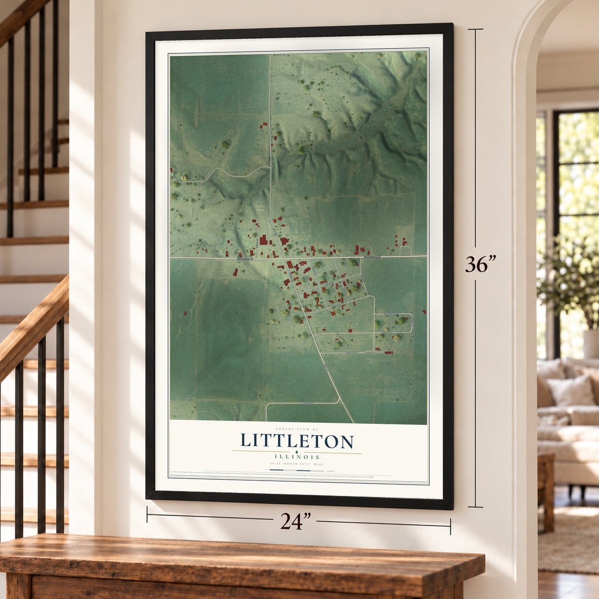 Littleton, Illinois map, 24 x 36 inch print in a black frame by a staircase
