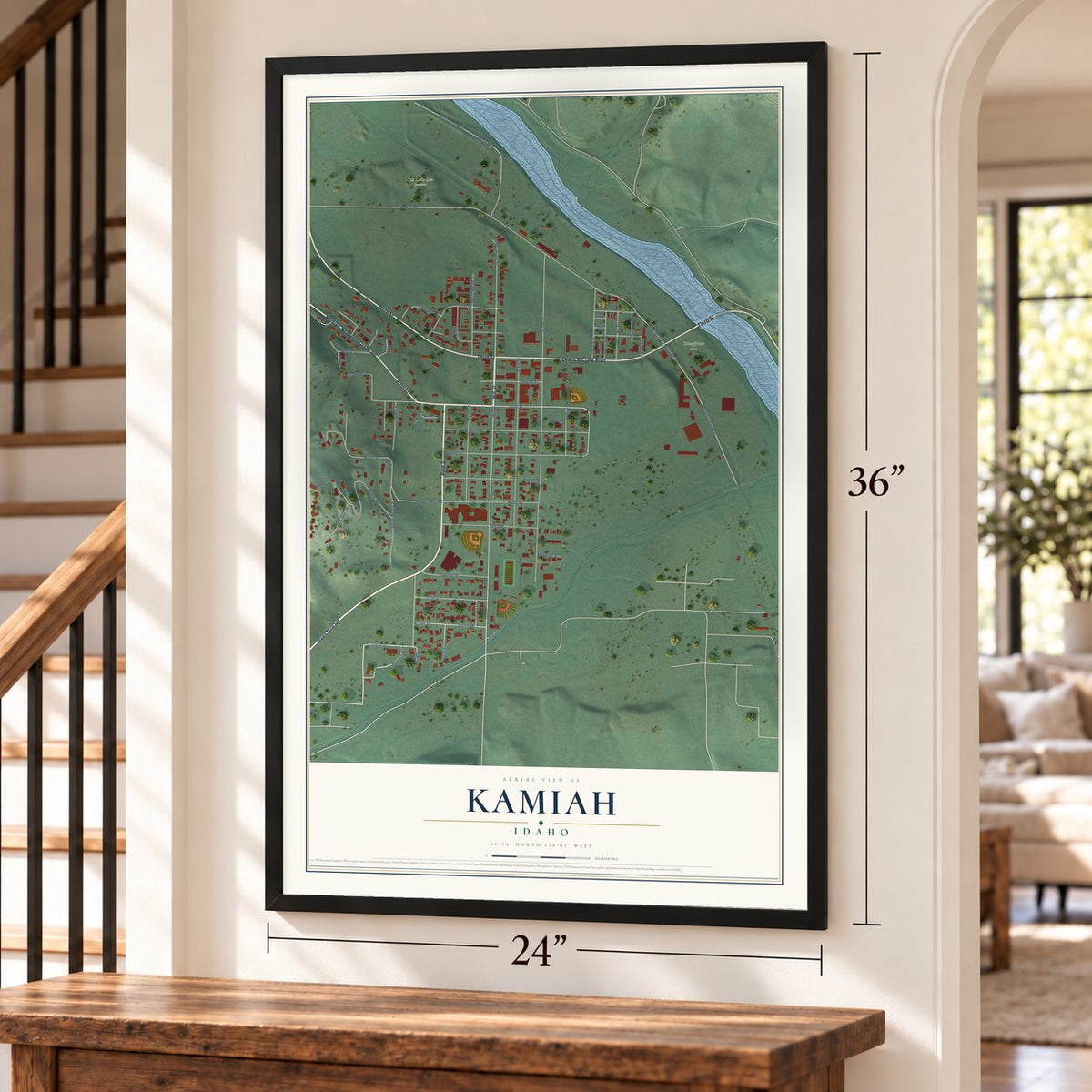 Kamiah, Idaho map, 24 x 36 inch print in a black frame by a staircase