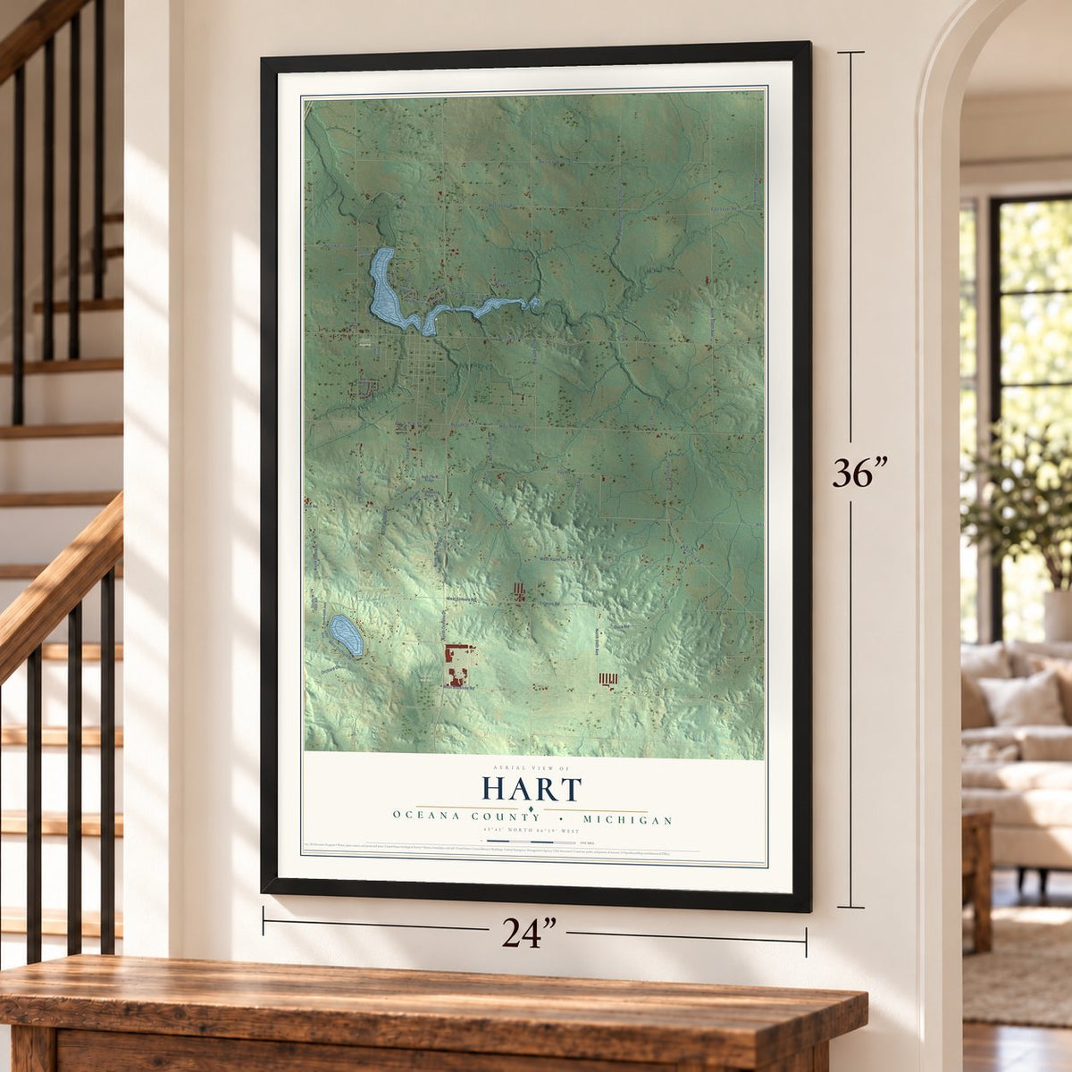 Hart, Oceana County, Michigan map, 24 x 36 inch print in a black frame by a staircase