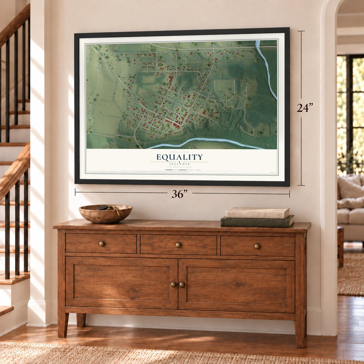 Equality, Illinois map, 24 x 36 inch print in a black frame above a dresser by a staircase