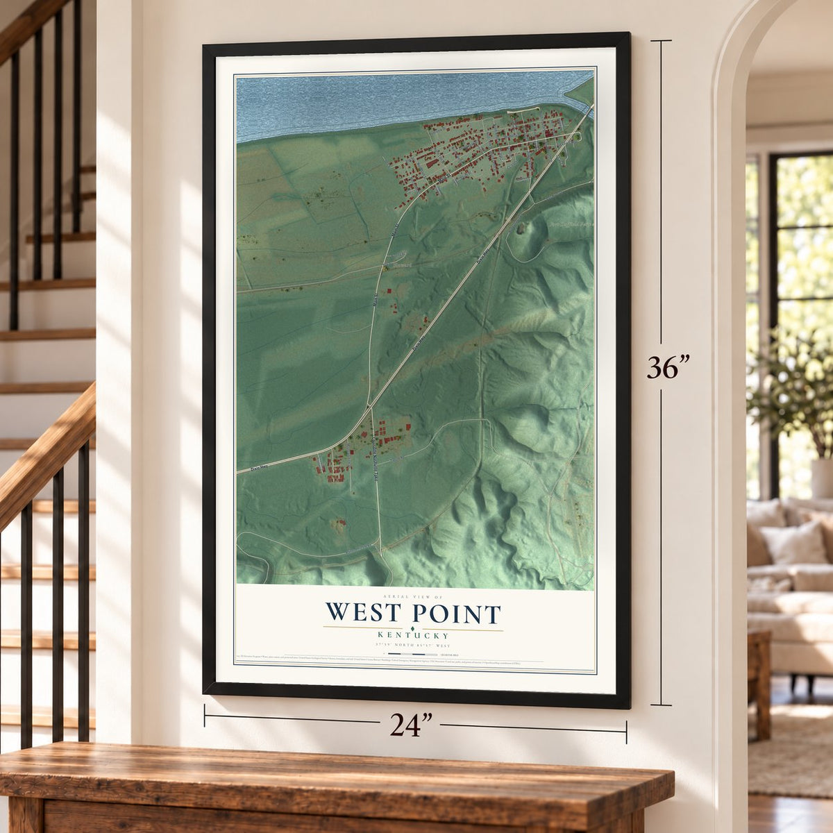 West Point, Kentucky map, 24 x 36 inch print in a black frame by a staircase