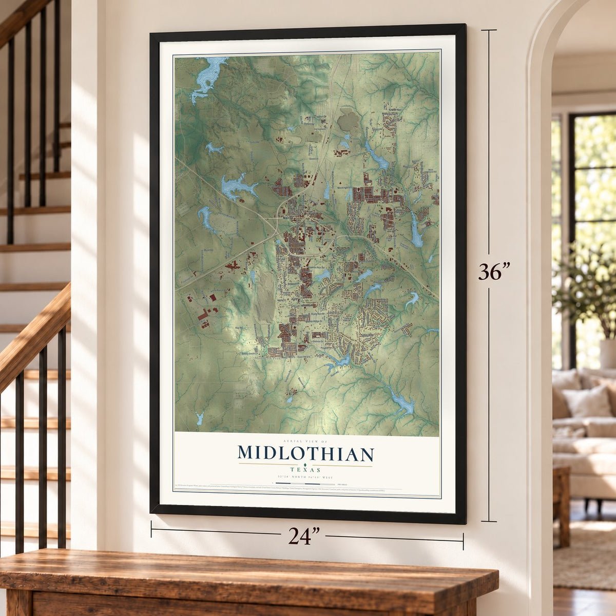 Midlothian, Texas map, 24 x 36 inch print in a black frame by a staircase