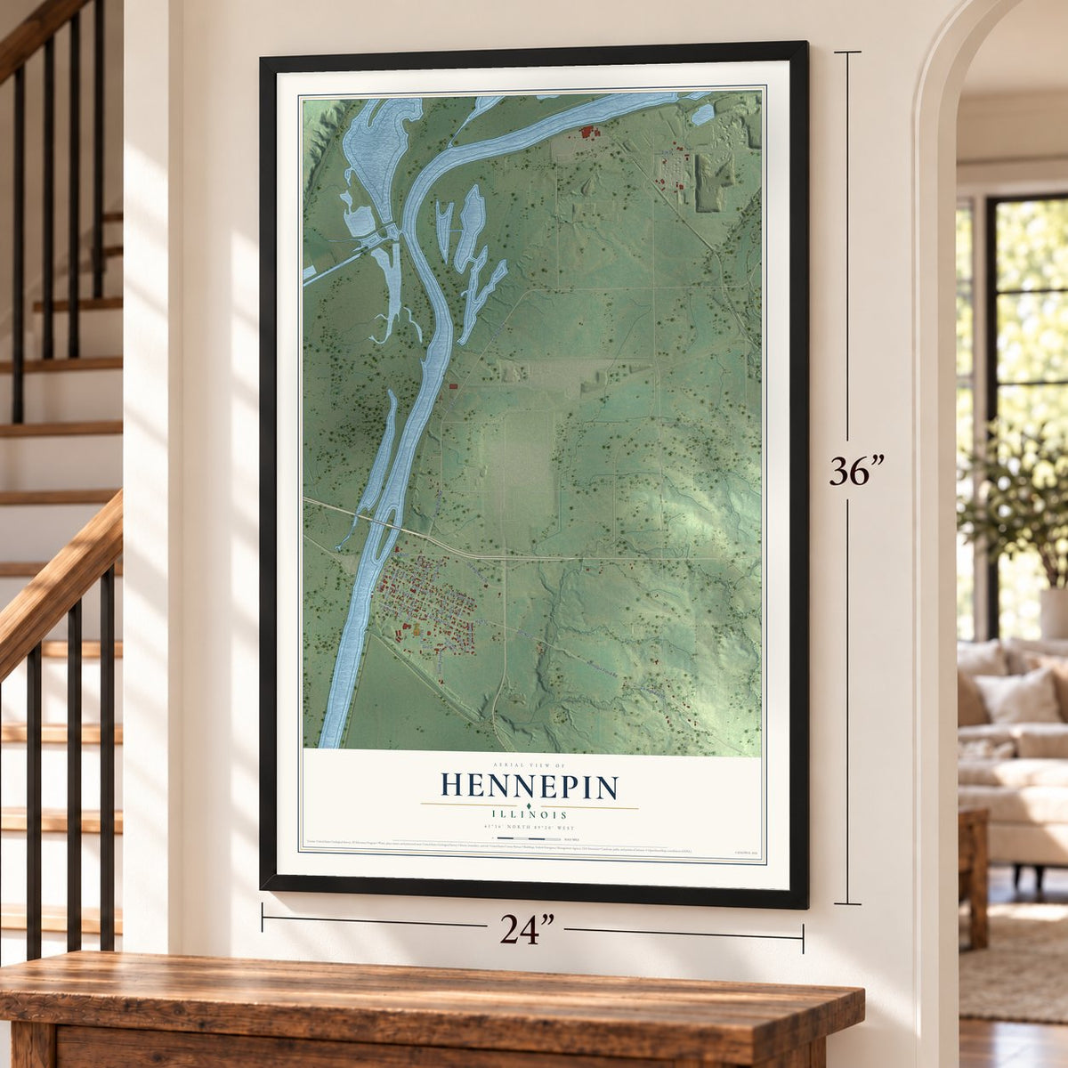 Hennepin, Illinois map, 24 x 36 inch print in a black frame by a staircase