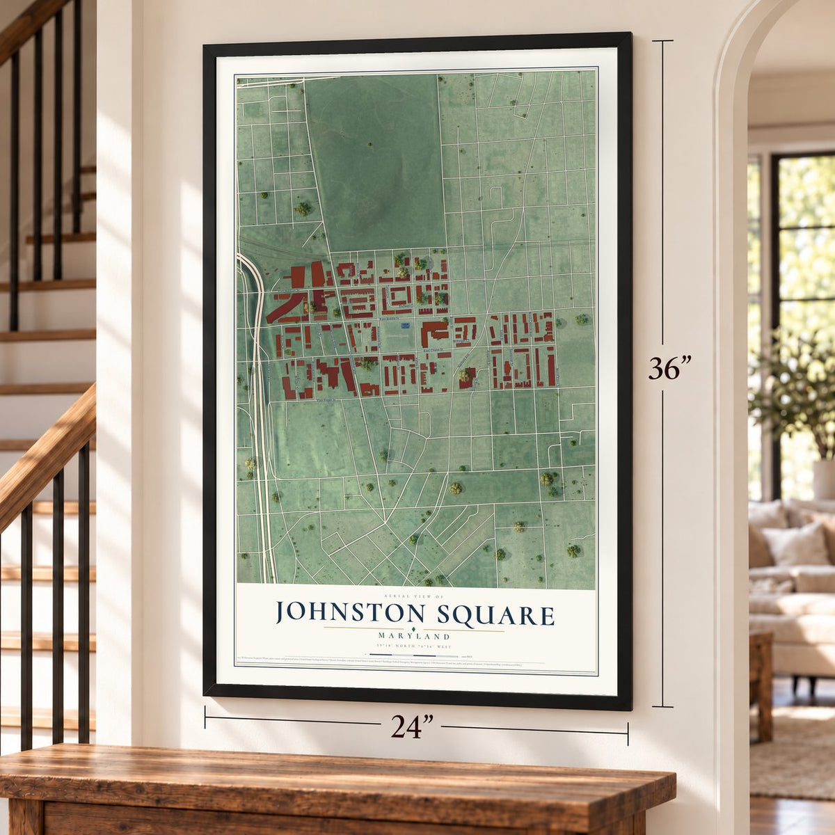Johnston Square, Maryland map, 24 x 36 inch print in a black frame by a staircase