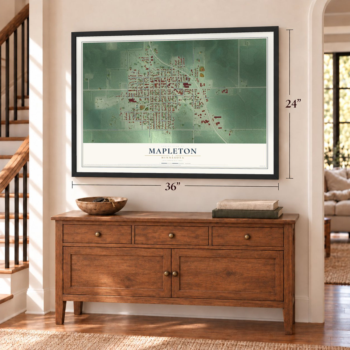 Mapleton, Minnesota map, 24 x 36 inch print in a black frame above a dresser by a staircase