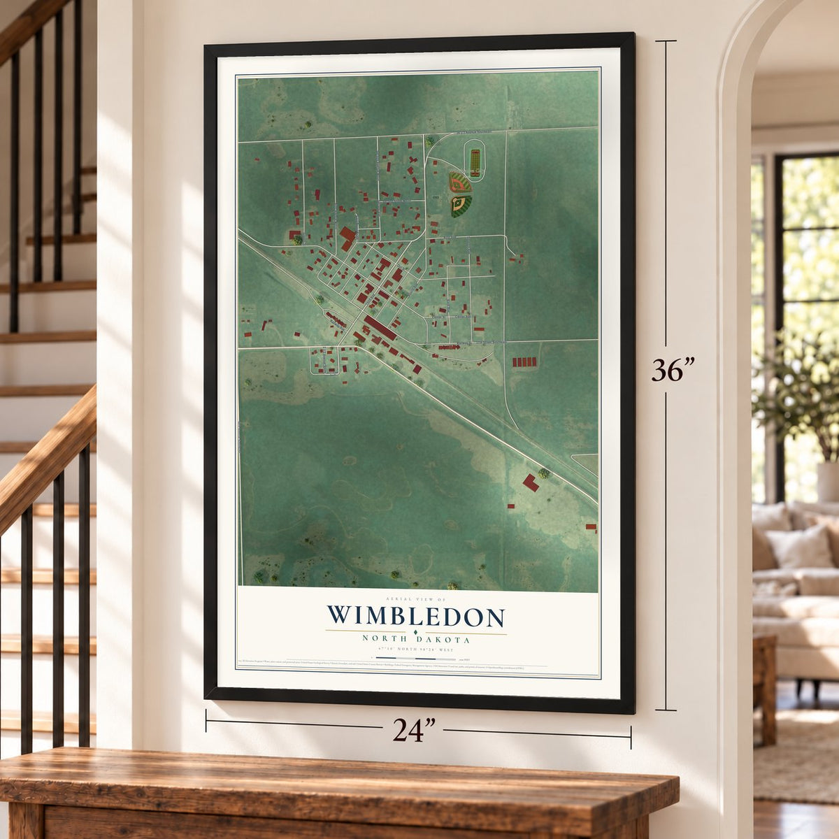 Wimbledon, North Dakota map, 24 x 36 inch print in a black frame by a staircase