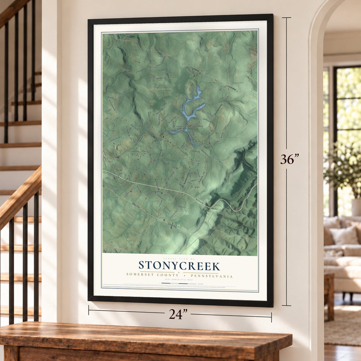 Stonycreek, Somerset County, Pennsylvania map, 24 x 36 inch print in a black frame by a staircase