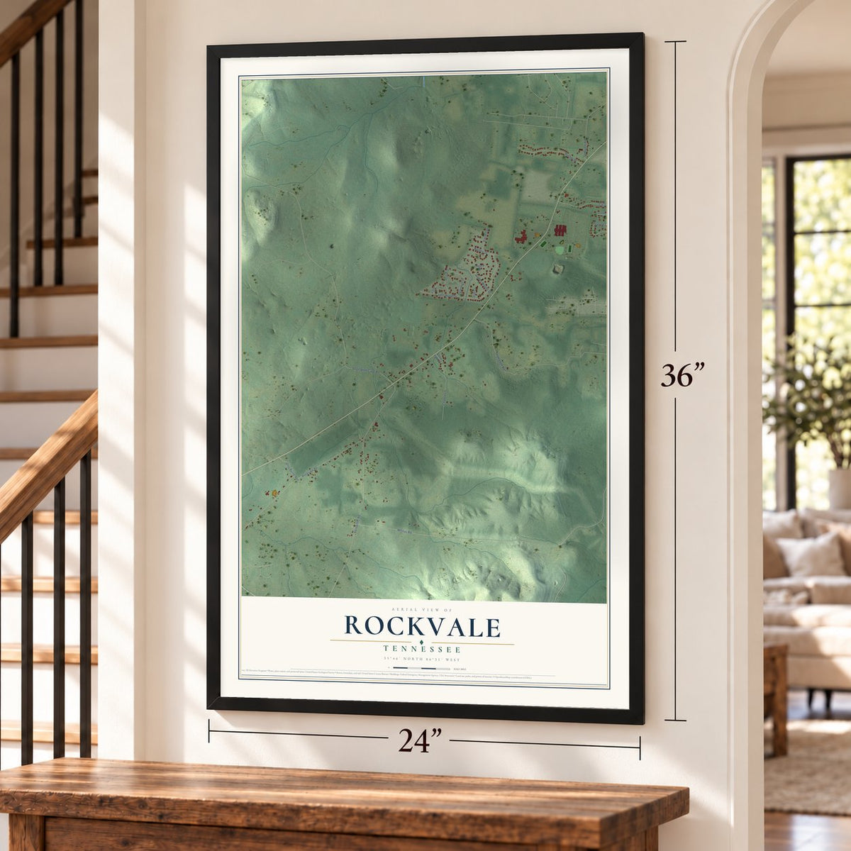 Rockvale, Tennessee map, 24 x 36 inch print in a black frame by a staircase