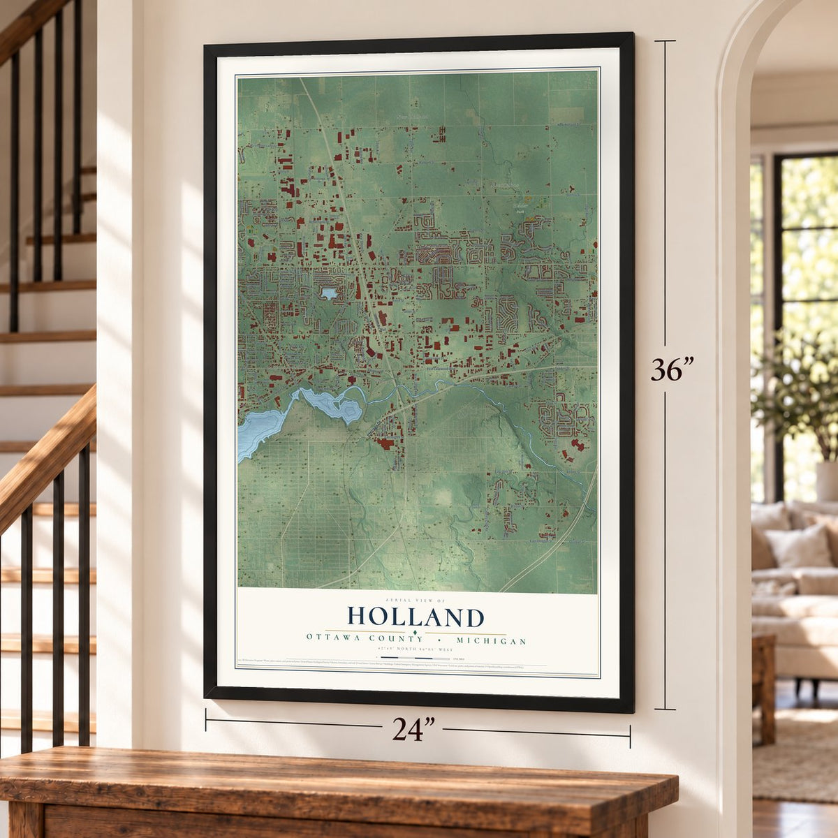 Holland, Ottawa County, Michigan map, 24 x 36 inch print in a black frame by a staircase